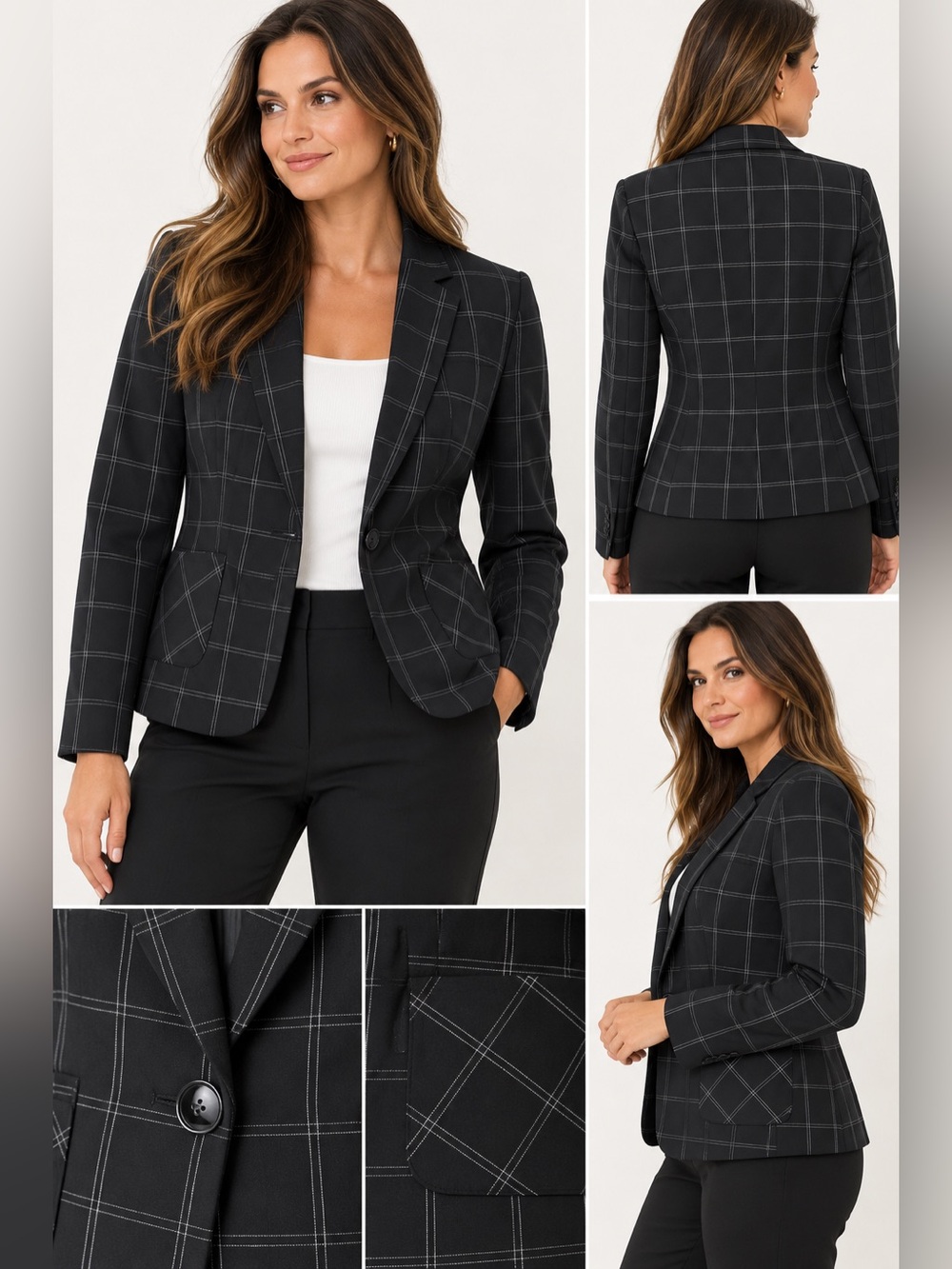 Kasper 12P Black White Windowpane Plaid One Button Blazer Petite Career